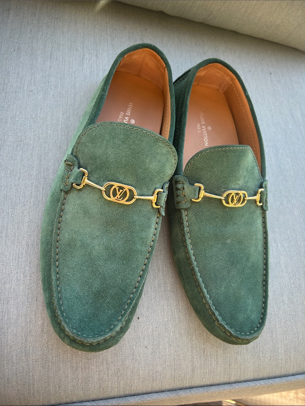 Louis Vuitton Green Suede Loafers with Gold LV Horsebit